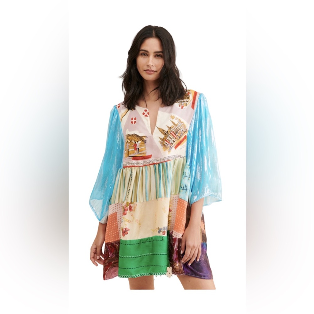 NWT Place Nationale Colorful Patchwork Dress with Sheer Sleeves 1X 🌹🌺🌸